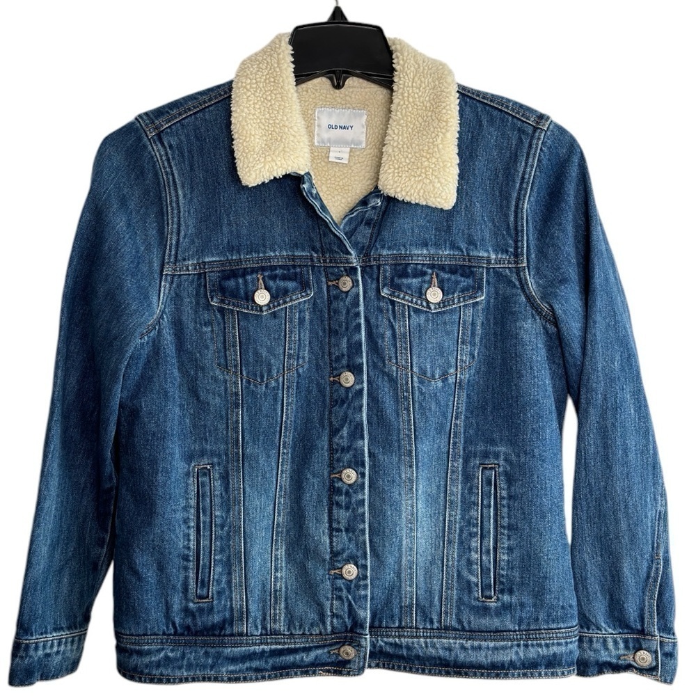 Old Navy Womens Large Sherpa Lined Medium Wash Trucker Jean Denim Jacket Western